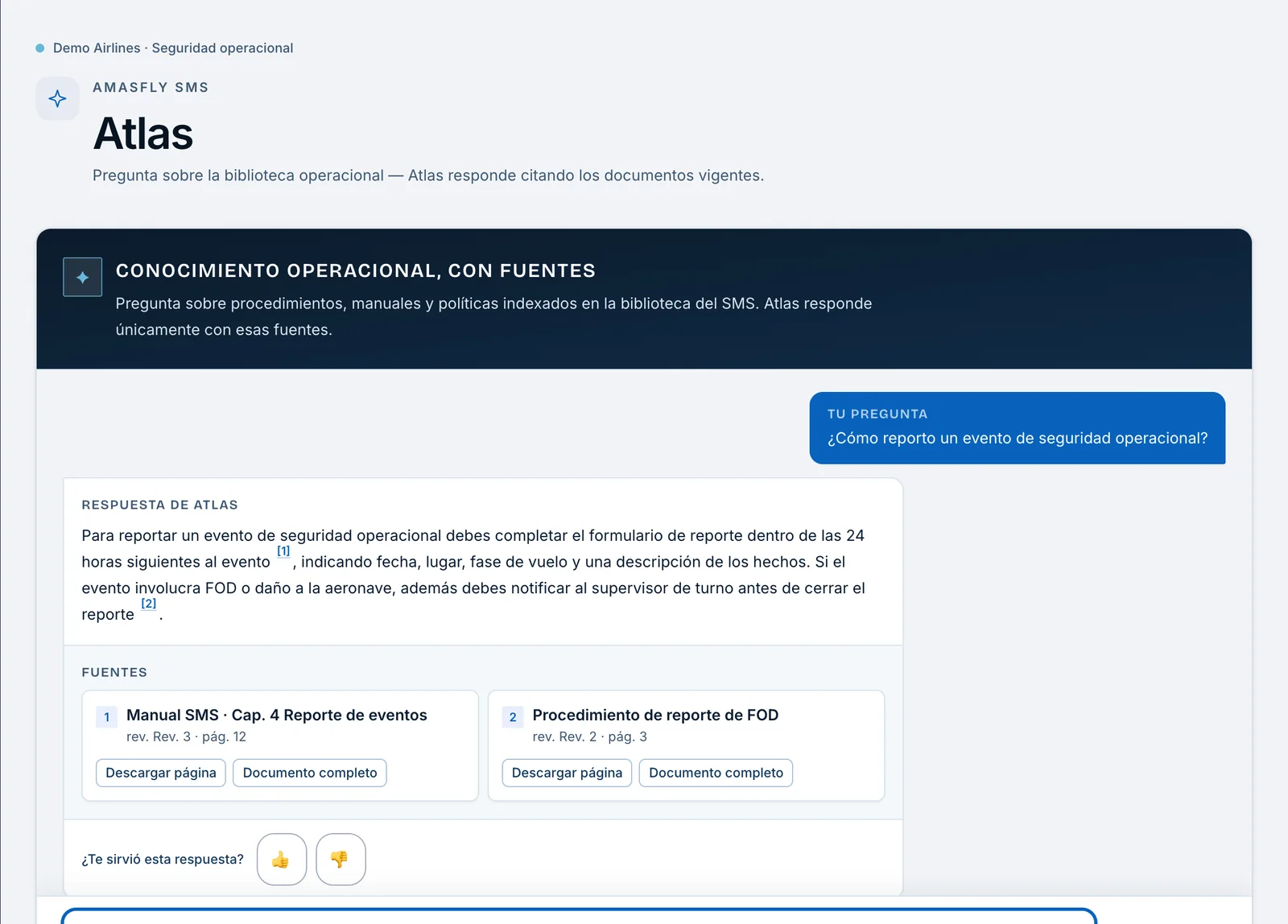 Atlas dentro del SMS: una pregunta sobre la biblioteca operacional y su respuesta con citas numeradas y fuentes descargables.