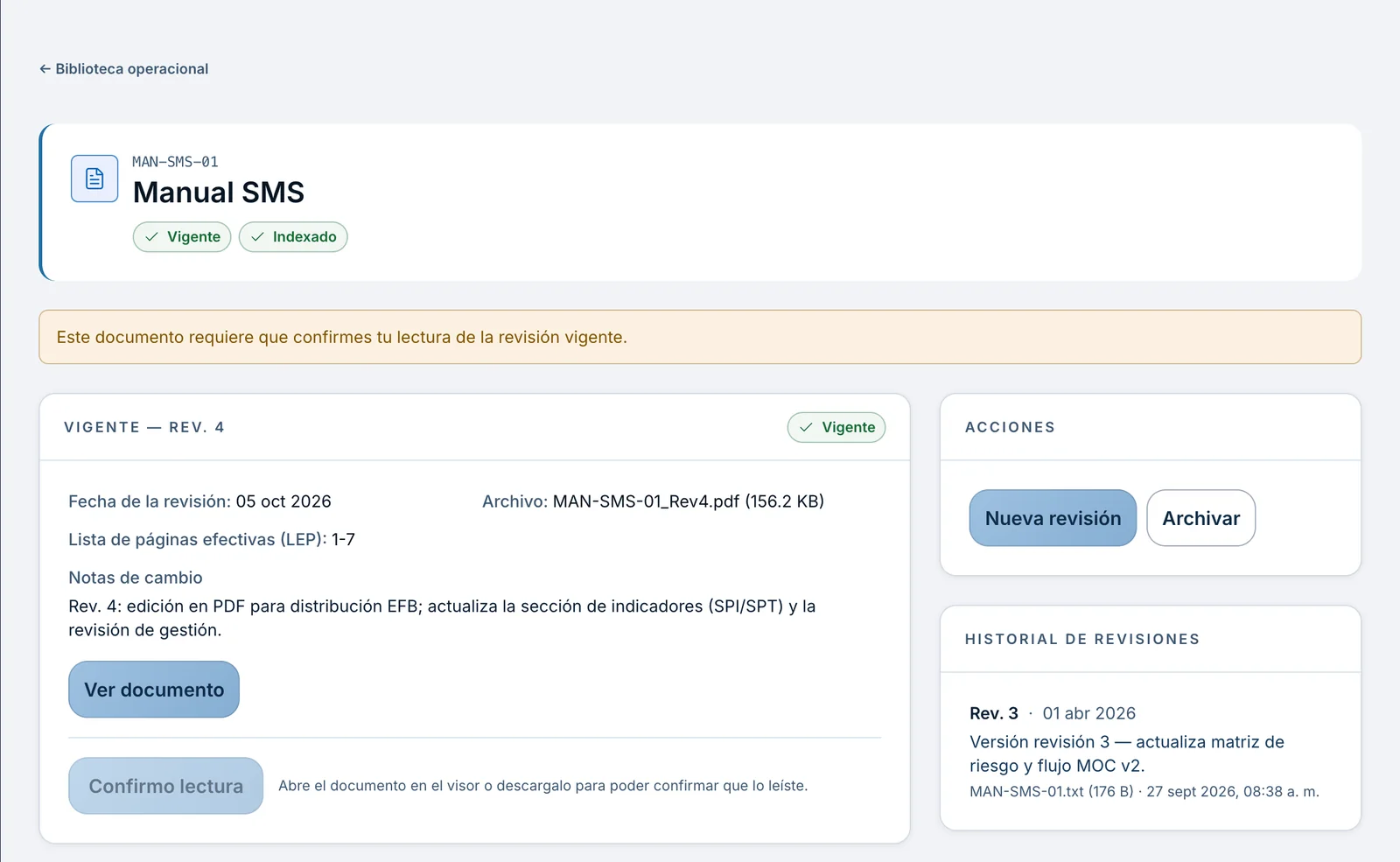 Documento de la biblioteca operacional del SMS con su revisión vigente y la insignia de indexado.