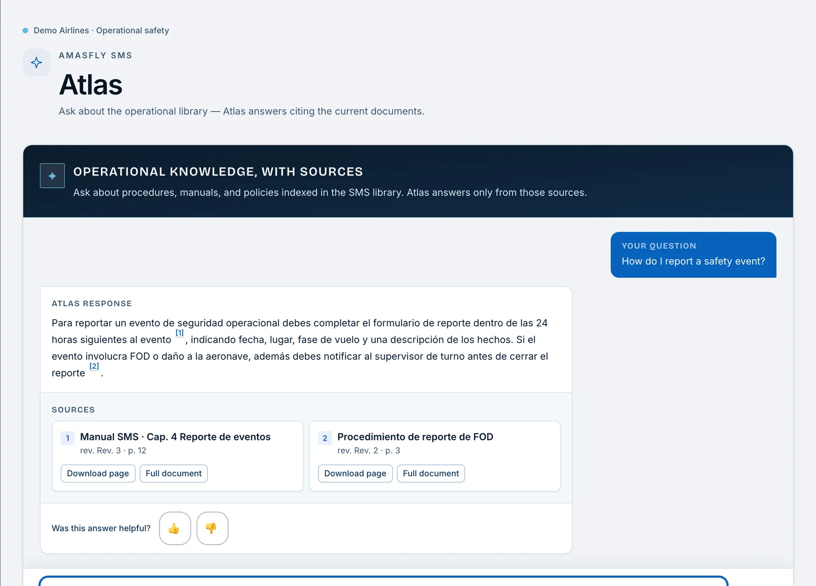 Atlas dentro del SMS en inglés: una pregunta con su respuesta, citas numeradas y fuentes.