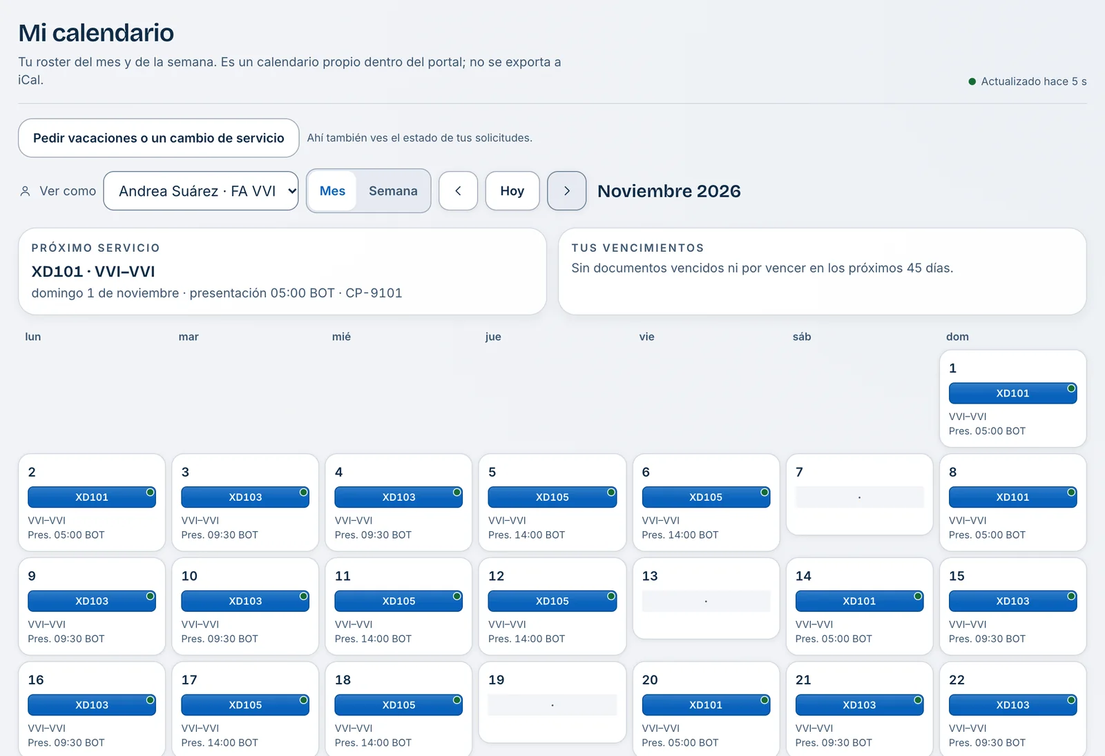 Calendario del tripulante en AMASFLY Crew para noviembre de 2026, con servicios y próximo servicio.
