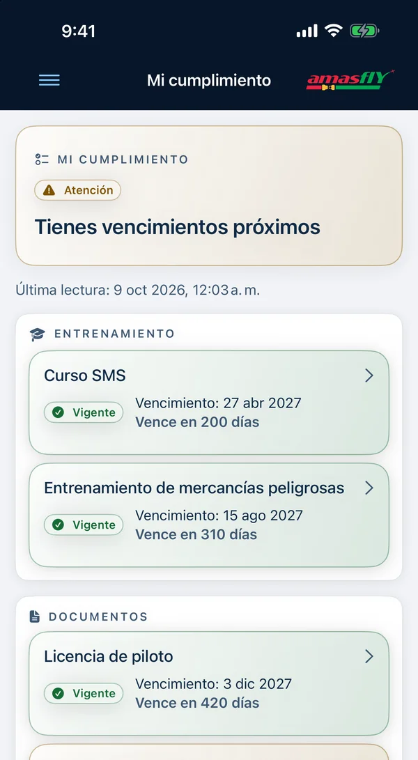 App EFB en iPhone: Mi cumplimiento, con entrenamiento y documentos y sus vencimientos.