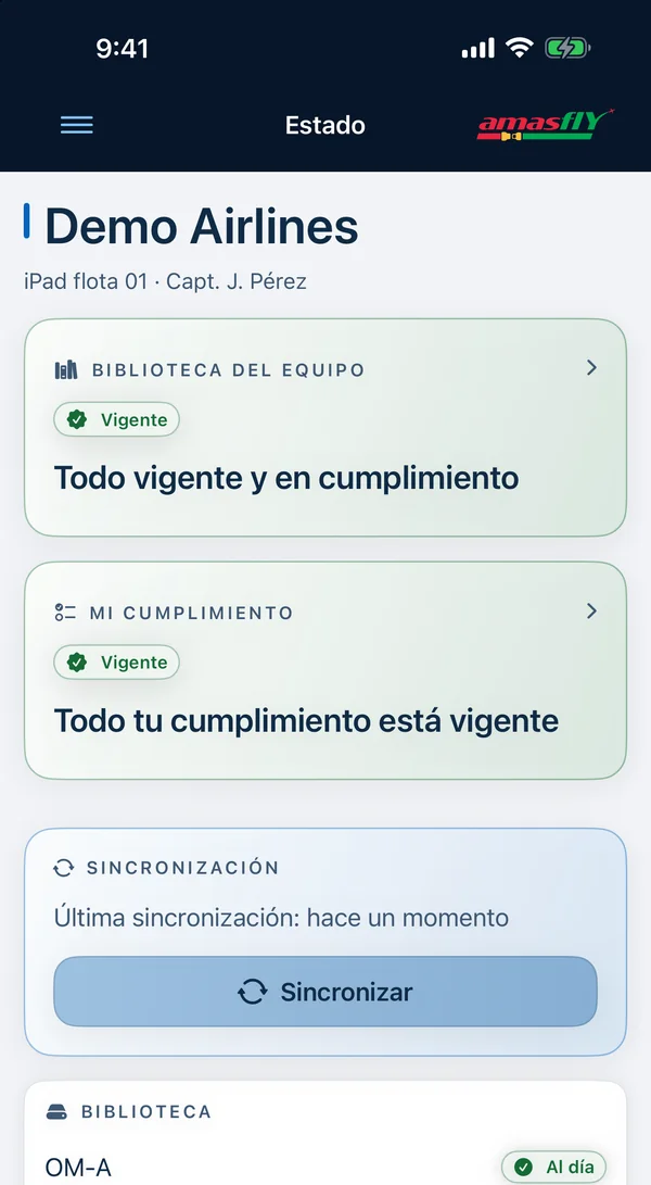 App EFB en iPhone: estado de la biblioteca del equipo y de tu cumplimiento.