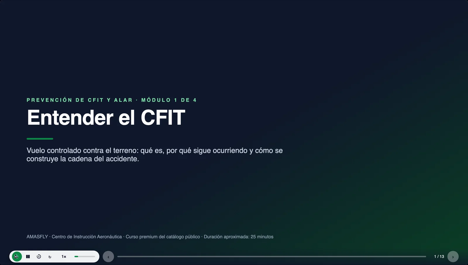Lección de un curso en el visor del campus AMASFLY LMS, con narración y avance.