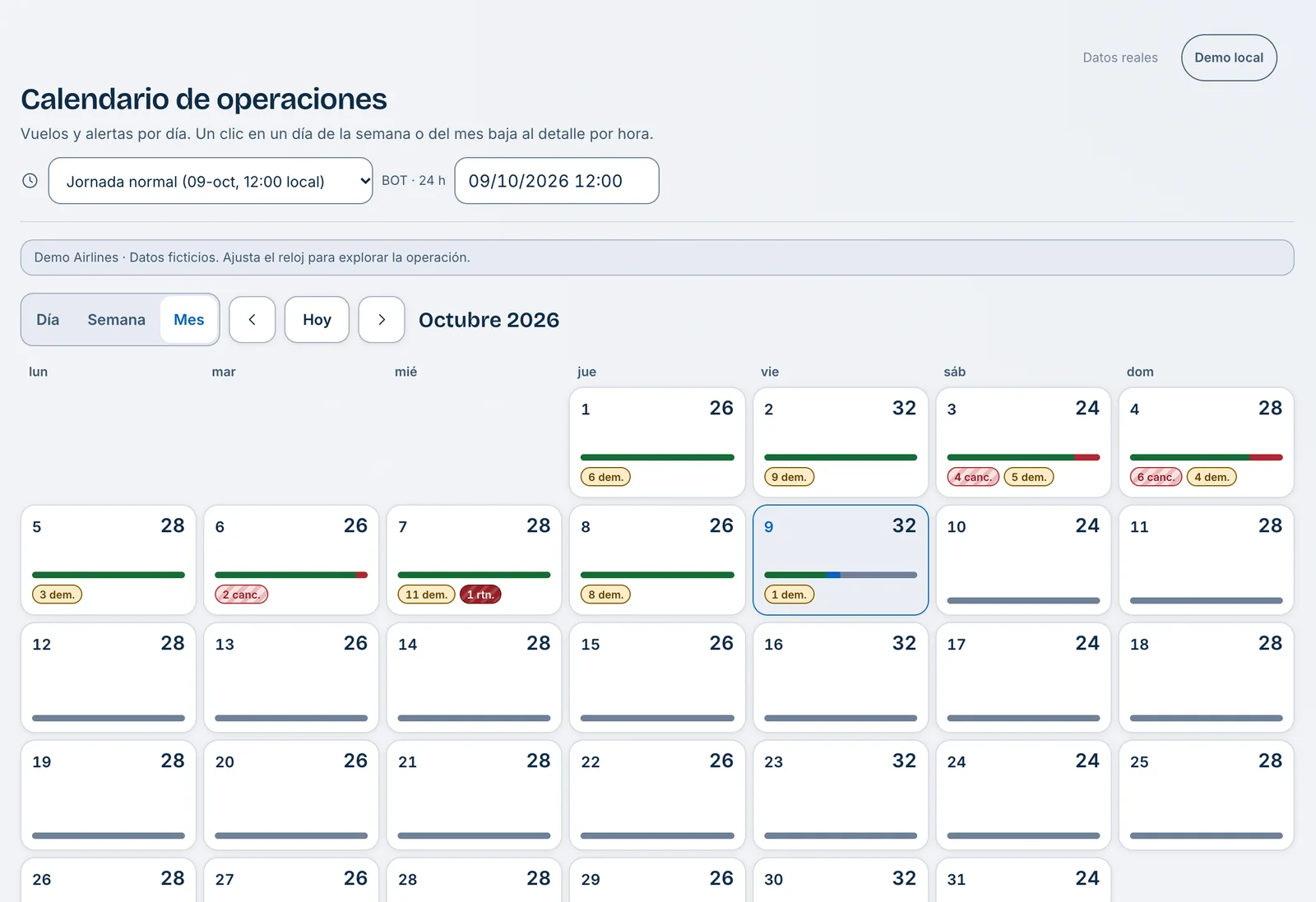 Calendario de operaciones de AMASFLY OPS con los vuelos y alertas de cada día del mes.