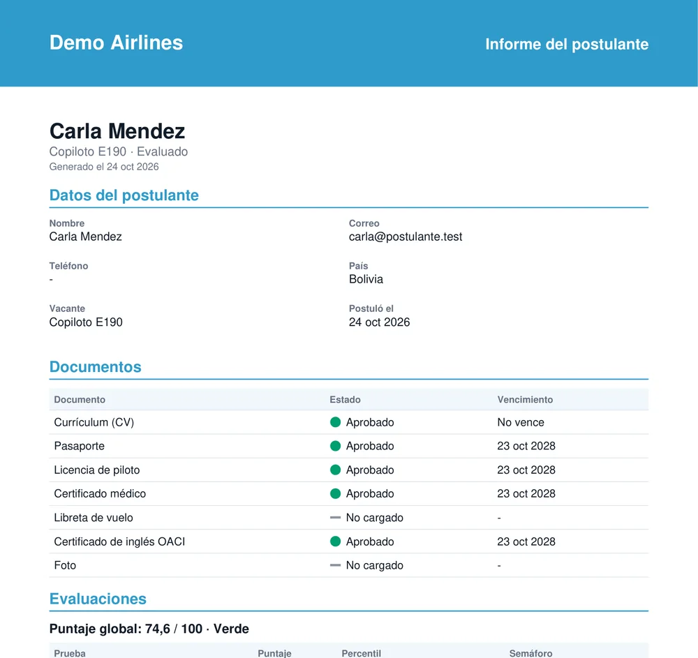Primera página del informe PDF del postulante generado por AMASFLY SELECT, con datos y documentos.