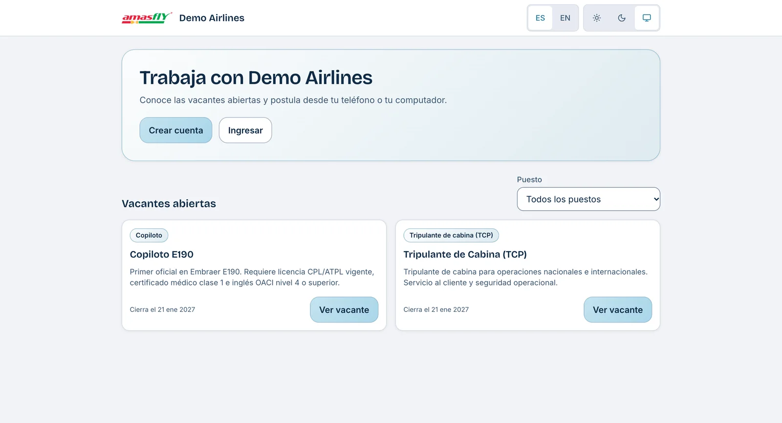 Portal de carreras de Demo Airlines en AMASFLY SELECT con dos vacantes abiertas.